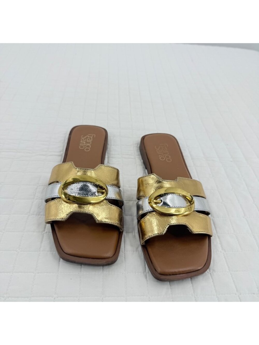 Franco Sarto Gold & Silver Metallic Slide Sandals Size 7M With Oval Accent